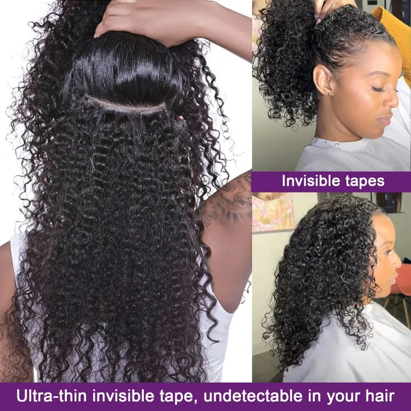 Curly Tape in Hair Extensions 100% Brazilian Human Hair Deep Wave Adhesive Tape in Extensions Human Hair Natural Black For Women — image 6
