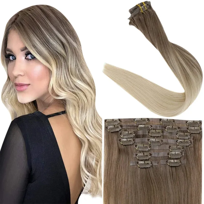 Plný lesk Bezešvé Neviditelné Clip In prodloužení Lidské vlasy 8 ks 120 g Remy Balayage blond barva — image 1