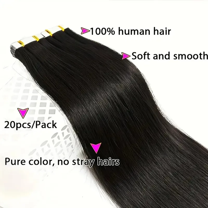 20pcs Human Hair Tape In Hair Extensions Natural Seamless Remy Hair Straight 14-26Inch Lengths with Invisible Tape Ins 50G/Pack — image 5
