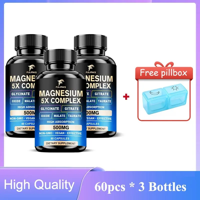 ยาแมกนีเซียมอาหารเสริม 5 in 1 Complex Glycinate Citrate Malate Taurate Oxide สนับสนุนความเครียดกล้ามเนื้อกระดูกหัวใจ Sleep