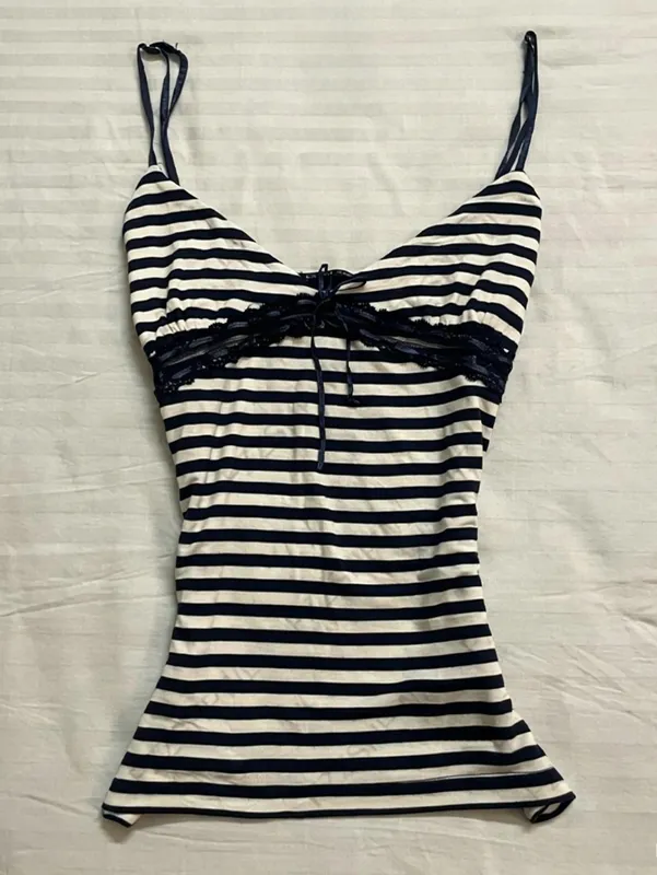 Y2k Emo Women Summer Streetwear Sexy Acubi V-neck Stripes Tank Tops Lace Trim Sleeveless Camisole Goth Grunge 2000s Alt Clothes — image 5