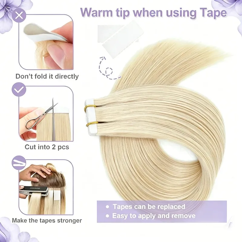 50g Straight Tape in Hair Extensions Human Hair 613 Color Bleach Blonde Seamless Skin Weft Tape in Real Human Hair Extension — image 4