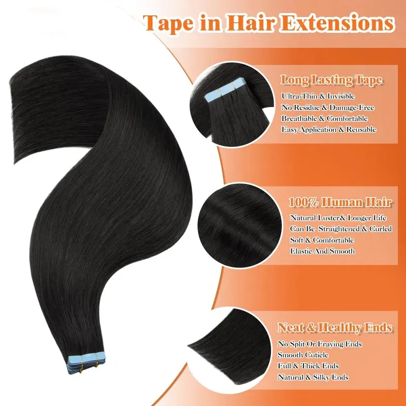 100% Human Hair Tape in Extensions 16 Inch Black 20pcs 50g Invisible Seamless Skin Weft Straight Human Hair Extensions — image 3