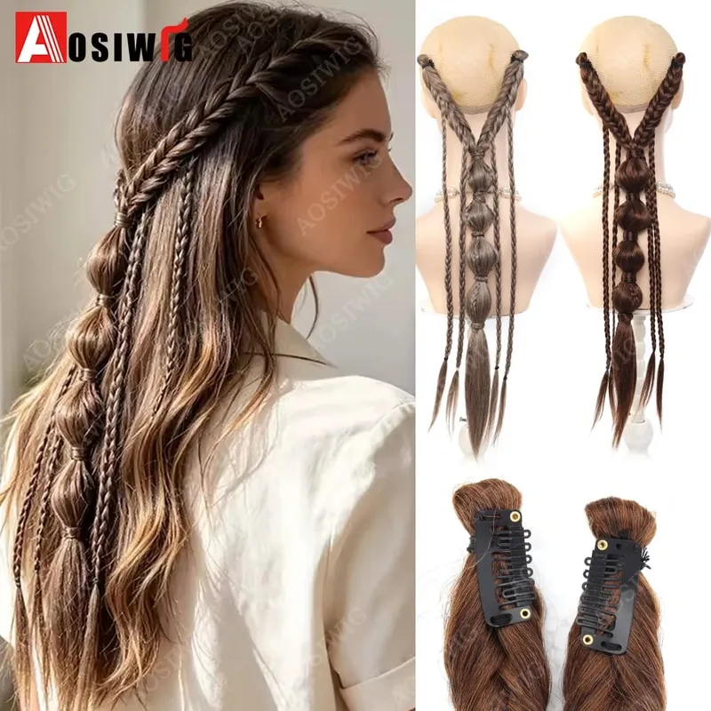 Elf Style Half Head Braided Hair Extensions Synthetic Clip In Braids Hairpiece Natural Black Dark Brown Fake Hair for Women Dail — image 2