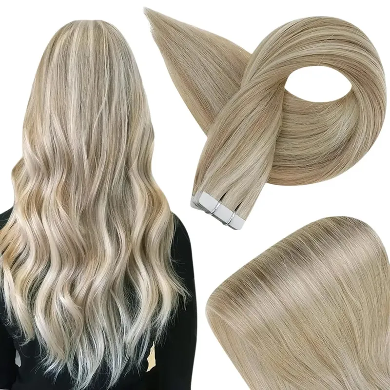 Invisible Tape in Hair Extensions Real Remy Hair Hair Extensions for Women Ash Blond mixed Platinum Blond Straight Hairpieces — image 2