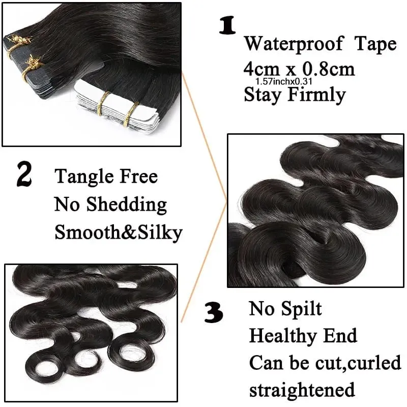 Tape In Hair Extensions 100% Real Remy Human Hair Body Wave Extensions Natural Black Invisible Tape on For Woman 16-26 Inches