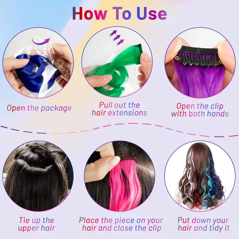 22Iinch Colored Curly Wavy Clip in Hair Extensions for Women Multi-colors Party Highlights Synthetic Rainbow Hairpiece (9 PCS) — image 5