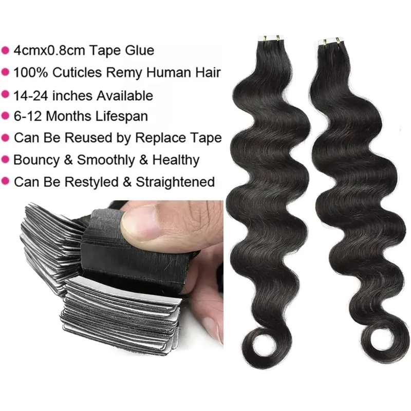 Tape In Hair Extensions Human Hair Body Wave Remy Tape Ins Human Hair Extensions Natural Black Extension Seamless Skin Weft 50G — image 2