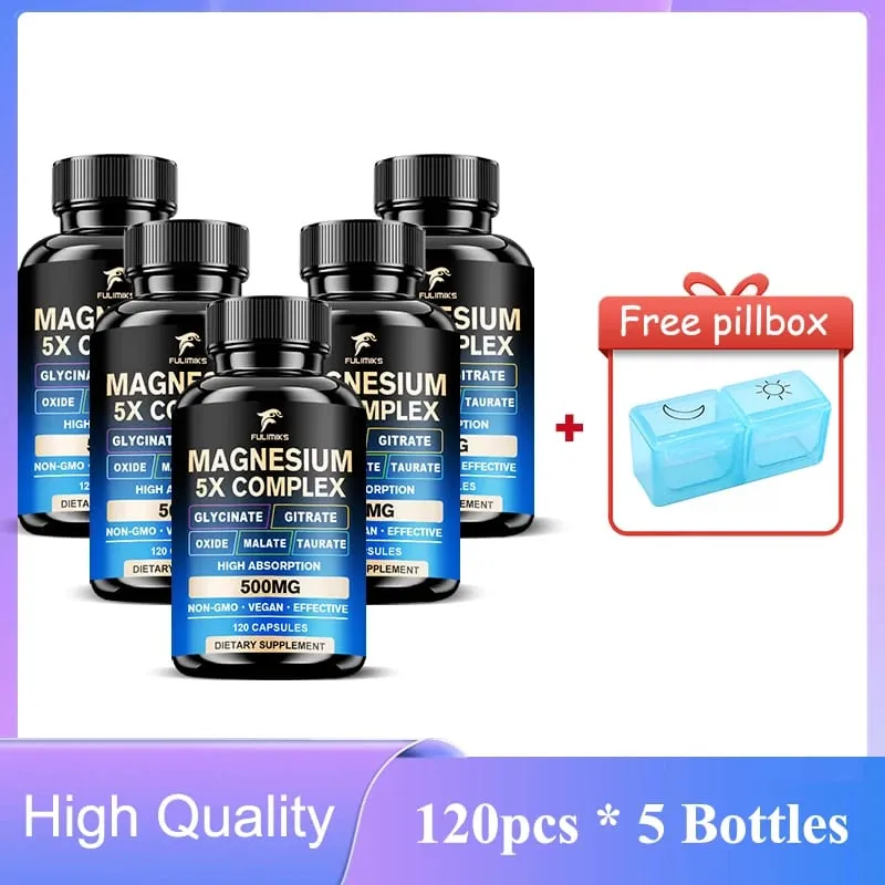 ยาแมกนีเซียมอาหารเสริม 5 in 1 Complex Glycinate Citrate Malate Taurate Oxide สนับสนุนความเครียดกล้ามเนื้อกระดูกหัวใจ Sleep