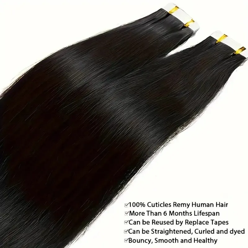 Tape in Hair Extensions Natural Black Straight 100% Remy Human Hair 20pcs 50g/pack Straight Seamless Skin Weft Tape in Extension — image 6