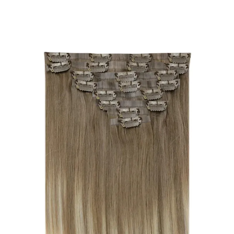 Plný lesk Bezešvé Neviditelné Clip In prodloužení Lidské vlasy 8 ks 120 g Remy Balayage blond barva — image 5