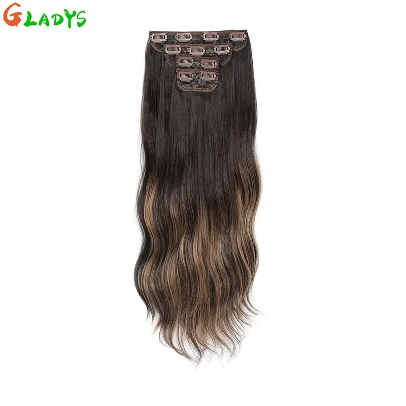 Ombre Clip Ins Synthetic Hair Extensions High Temperature Fiber Body Wave Brown 11 Clip Ins Daily Use Hair Piece Extensions — image 25