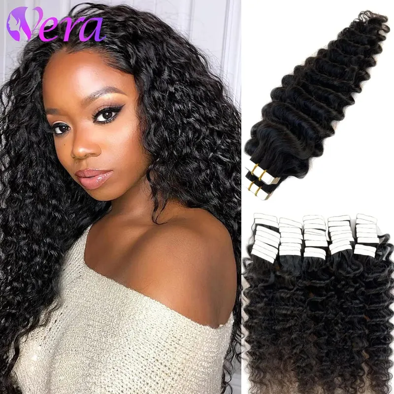 Deep Curly Tape In Human Hair Extensions Curly Wave Brazilian Human Hair Adhesive Remy Hair Skin Weft Seamless Invisible Tape In — image 2