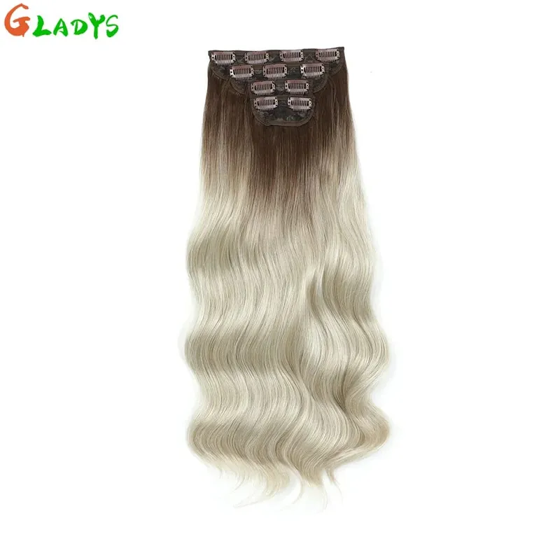 Gladys 220g/4Pcs 11 Clips Ins Ombre Grey Synthetic Hair Extensions 22 Inch Body Wave Ombre Brown Clip Ins Daily Use Hair Pieces