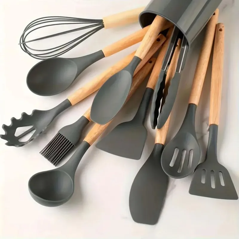 12PCS Silicone Kitchen Utensils Set with Holder - Nonstick Heat Resistant Wooden Handle Cooking Gadgets Set with Spatula Whisk Tongs & Spoon for Home Essentials — image 10