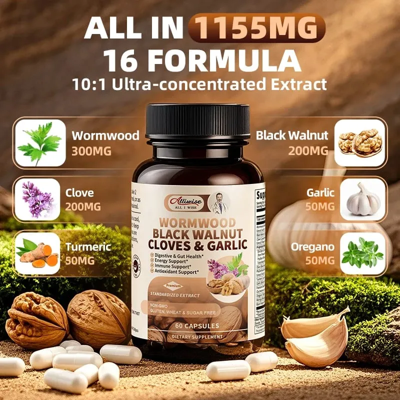 Alliwise 16-in-1 Black Walnut Wormwood Capsules Rapid Gut Cleanse & Digestive Health with Clove Garlic Turmeric Liposomal Delivery 98% Absorption Vegan Gluten-Free — image 2
