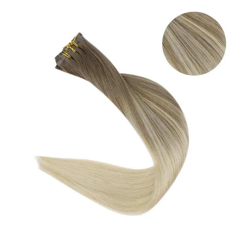 Plný lesk Bezešvé Neviditelné Clip In prodloužení Lidské vlasy 8 ks 120 g Remy Balayage blond barva — image 2