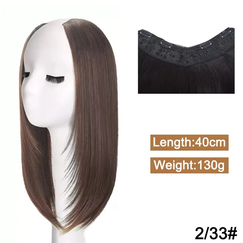 Synthetic Long Straight Hairstyles Clip In Hair Extension V Shape Heat Resistant Hairpieces Brown Black Hair — image 9