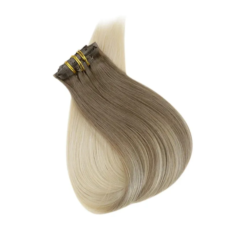 Plný lesk Bezešvé Neviditelné Clip In prodloužení Lidské vlasy 8 ks 120 g Remy Balayage blond barva — image 6