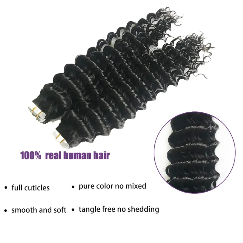 Deep Curly Tape In Human Hair Extensions Curly Wave Brazilian Human Hair Adhesive Remy Hair Skin Weft Seamless Invisible Tape In — image 3