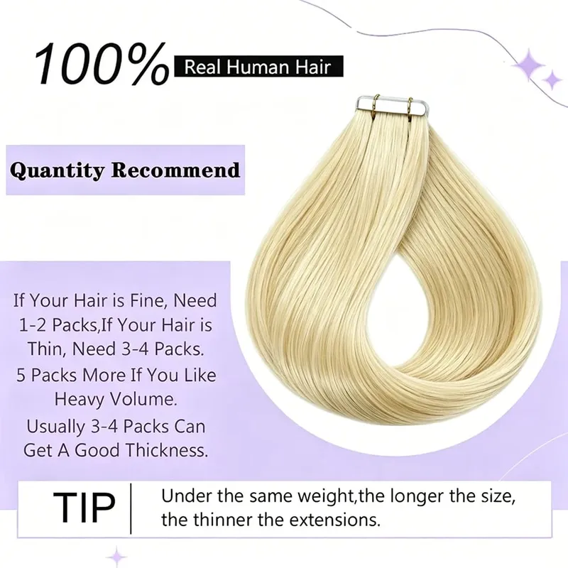 50g Straight Tape in Hair Extensions Human Hair 613 Color Bleach Blonde Seamless Skin Weft Tape in Real Human Hair Extension — image 3