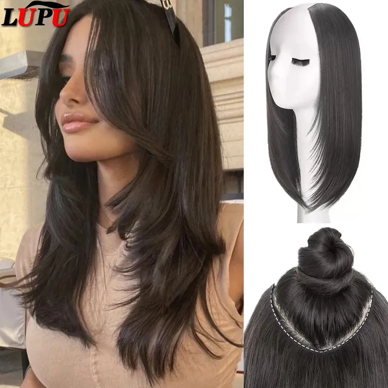 Synthetic Long Straight Hairstyles Clip In Hair Extension V Shape Heat Resistant Hairpieces Brown Black Hair — image 2