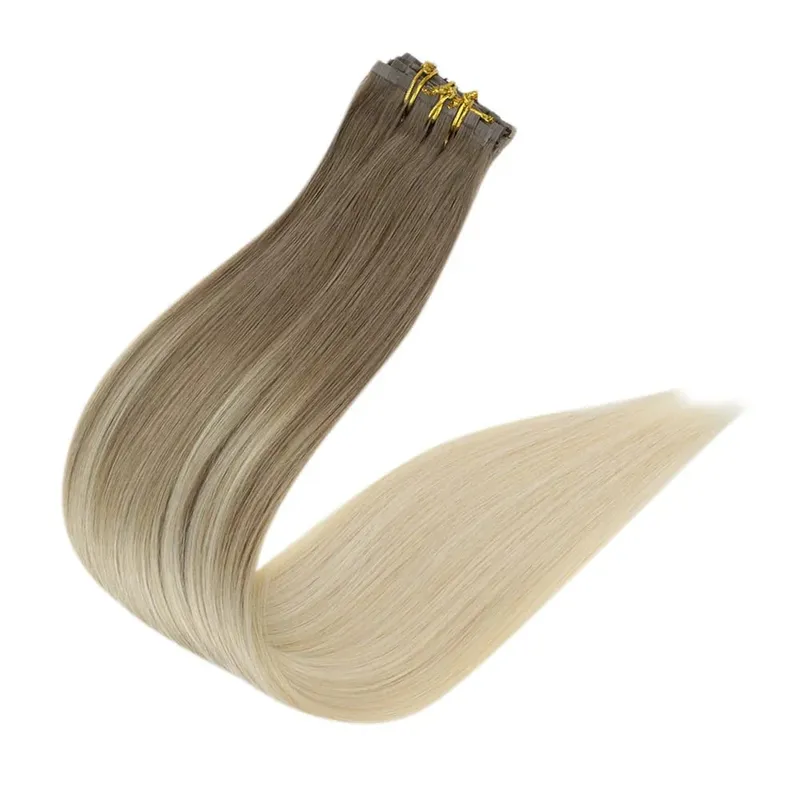 Plný lesk Bezešvé Neviditelné Clip In prodloužení Lidské vlasy 8 ks 120 g Remy Balayage blond barva — image 4