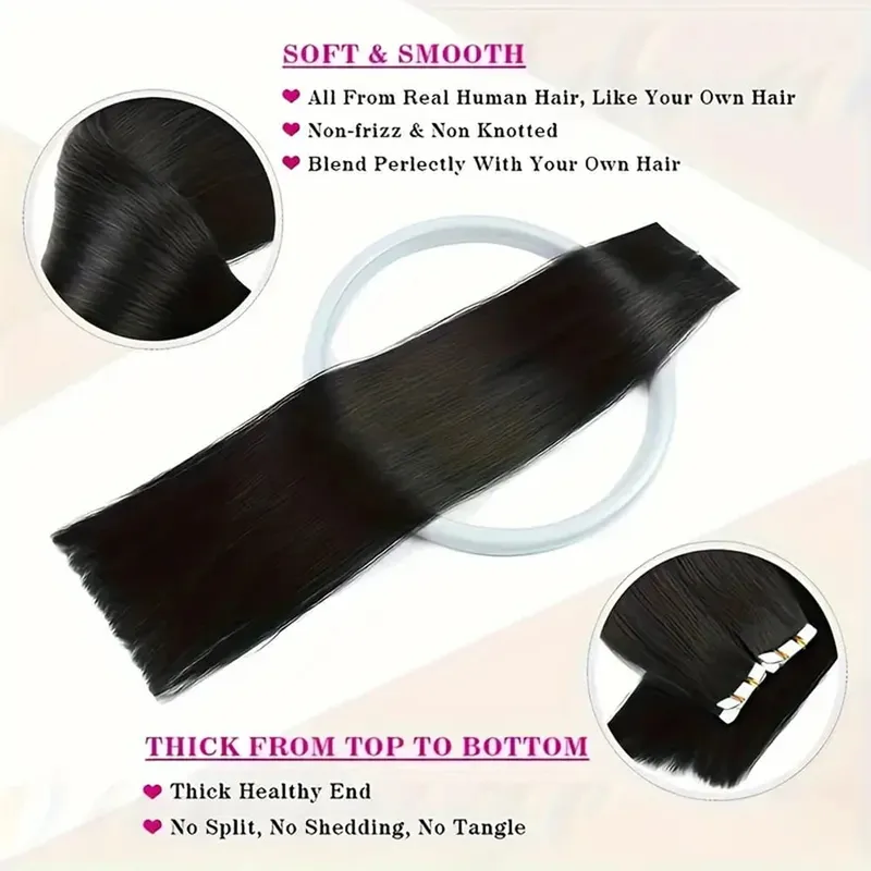 Tape in Hair Extensions Natural Black Straight 100% Remy Human Hair 20pcs 50g/pack Straight Seamless Skin Weft Tape in Extension — image 4