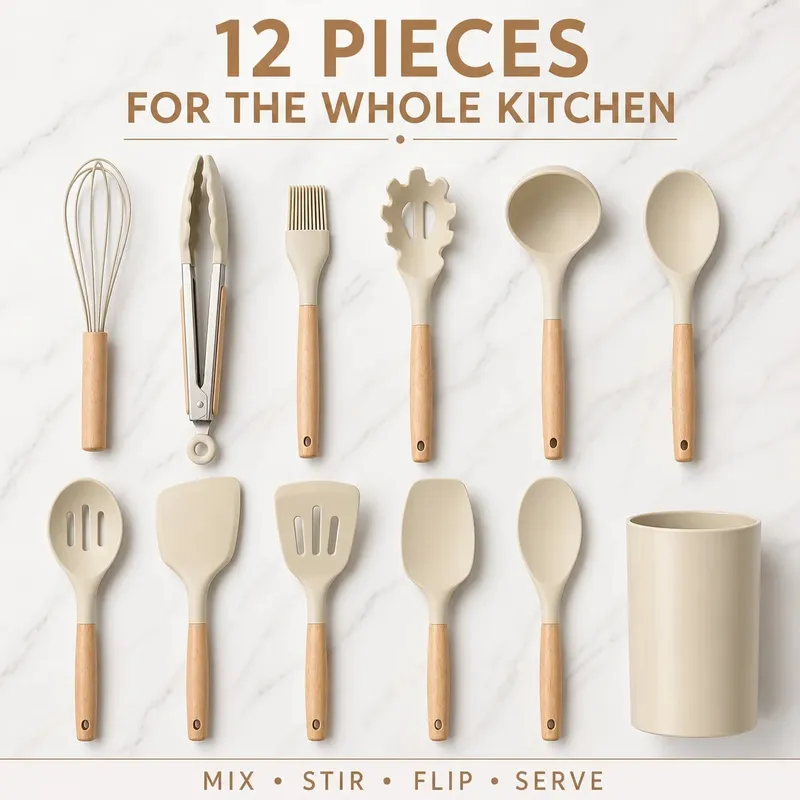 12PCS Silicone Kitchen Utensils Set with Holder - Nonstick Heat Resistant Wooden Handle Cooking Gadgets Set with Spatula Whisk Tongs & Spoon for Home Essentials — image 6