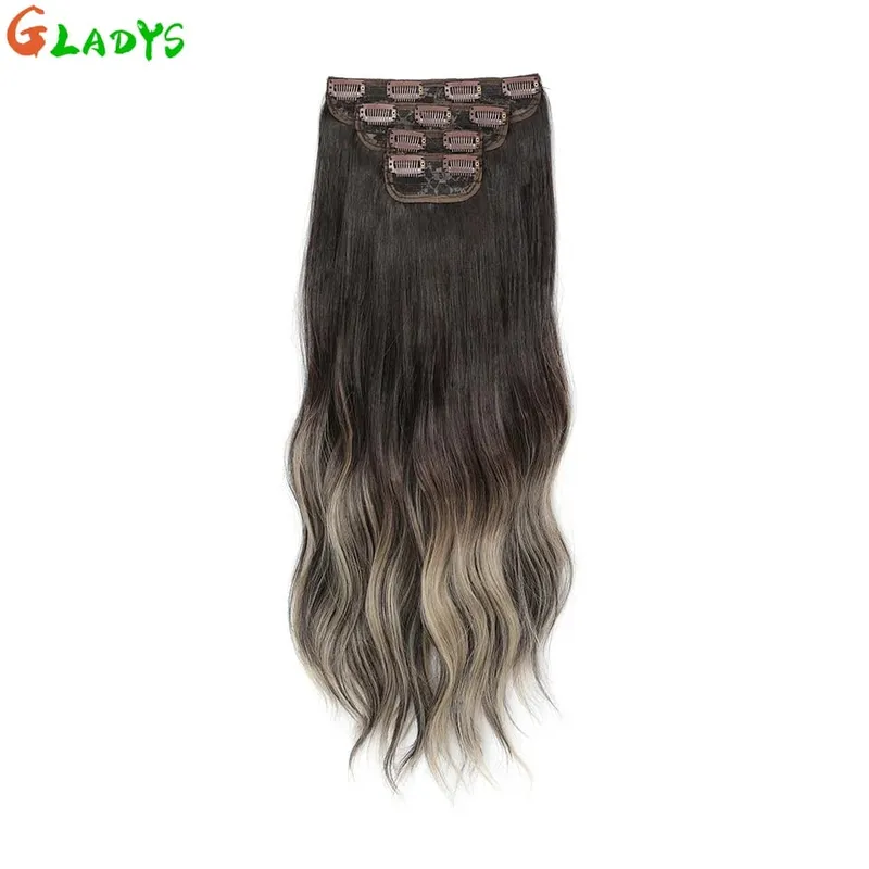 Gladys 220g/4Pcs 11 Clips Ins Ombre Grey Synthetic Hair Extensions 22 Inch Body Wave Ombre Brown Clip Ins Daily Use Hair Pieces