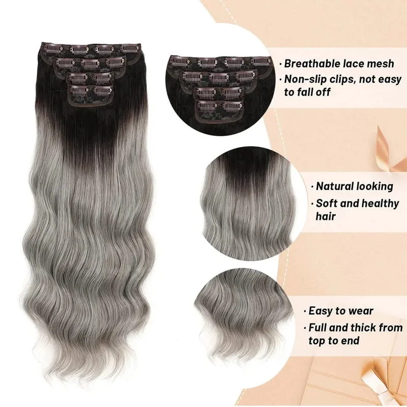 Gladys 220g/4Pcs 11 Clips Ins Ombre Grey Synthetic Hair Extensions 22 Inch Body Wave Ombre Brown Clip Ins Daily Use Hair Pieces