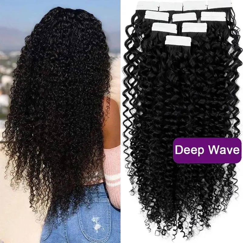 Curly Tape in Hair Extensions 100% Brazilian Human Hair Deep Wave Adhesive Tape in Extensions Human Hair Natural Black For Women