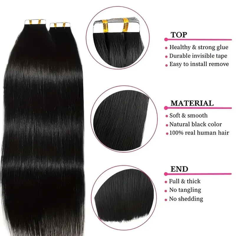 Tape in Hair Extensions Natural Black Straight 100% Remy Human Hair 20pcs 50g/pack Straight Seamless Skin Weft Tape in Extension — image 3