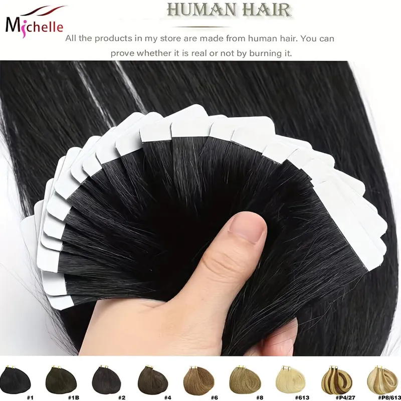 Tape in Hair Extensions Natural Black Straight 100% Remy Human Hair 20pcs 50g/pack Straight Seamless Skin Weft Tape in Extension — image 2