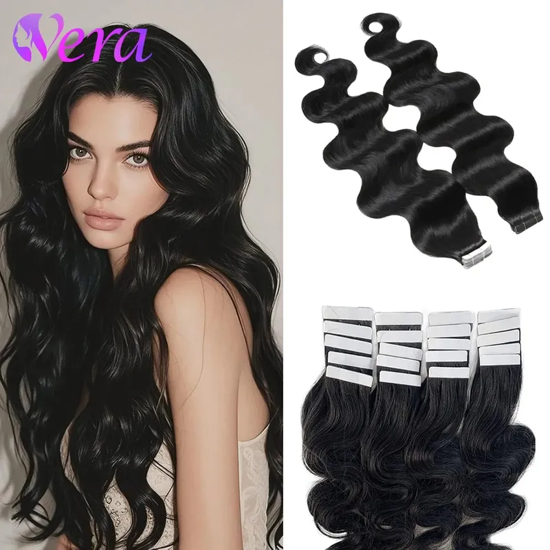 Body Wave Tape In Hair Extensions Human Hair 16-26 Inch Wavy Black Tape Ins Double Sided Natural Real Virgin Hair 20Pcs 50G