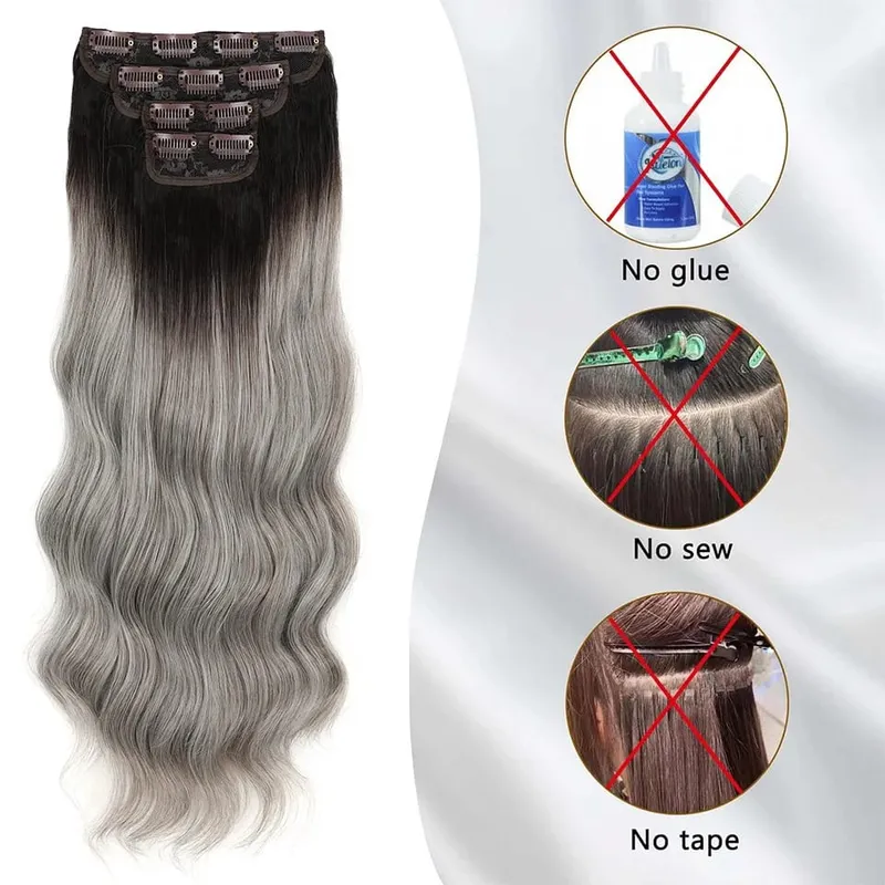 Gladys 220g/4Pcs 11 Clips Ins Ombre Grey Synthetic Hair Extensions 22 Inch Body Wave Ombre Brown Clip Ins Daily Use Hair Pieces