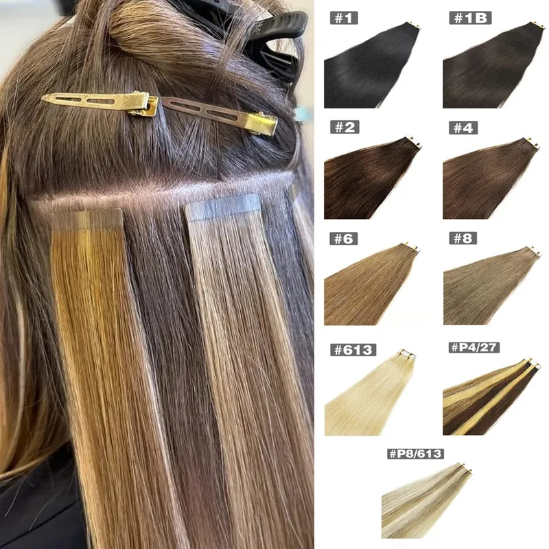 Natural Color Tape In Hair Extensions Human Hair Silk Straight Tape In Extensions Seamless Invisible Color P4/27 50G for Women — image 2