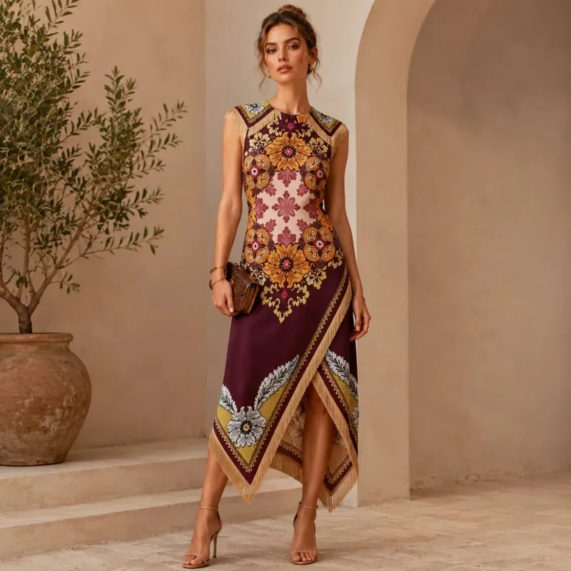 Vintage Bohemian Scarf Print Midi Dress Women Elegant Floral Sleeveless Wrap Dress Summer Asymmetrical Handkerchief Hem Fringe — image 2