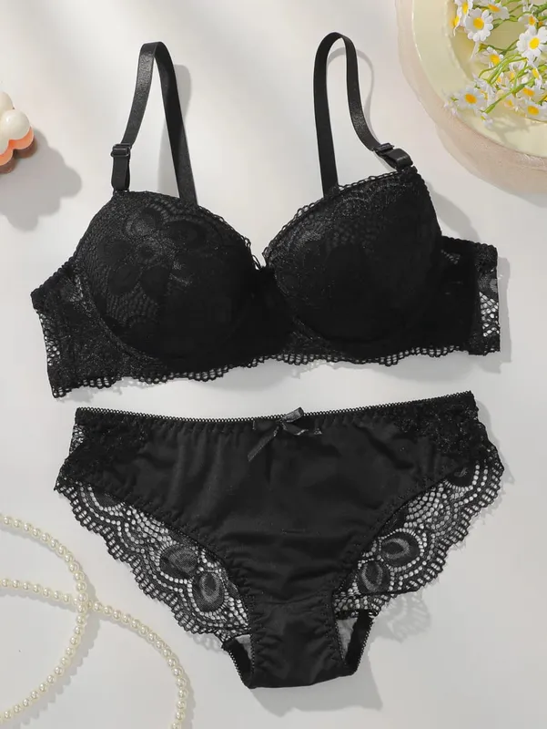 Women Lace Underwire Bra at Panty Set Push Up Lingerie See Through Bra Set Sexy Comfortable Bras para sa Babae Pang-araw-araw na Regalo