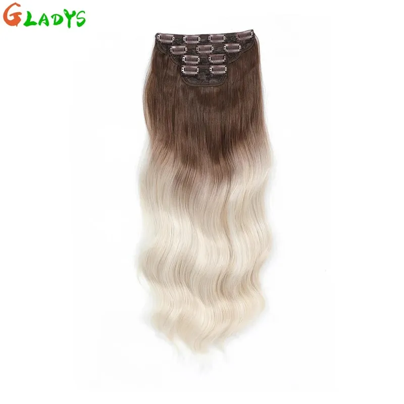 Ombre Clip Ins Synthetic Hair Extensions High Temperature Fiber Body Wave Brown 11 Clip Ins Daily Use Hair Piece Extensions — image 10
