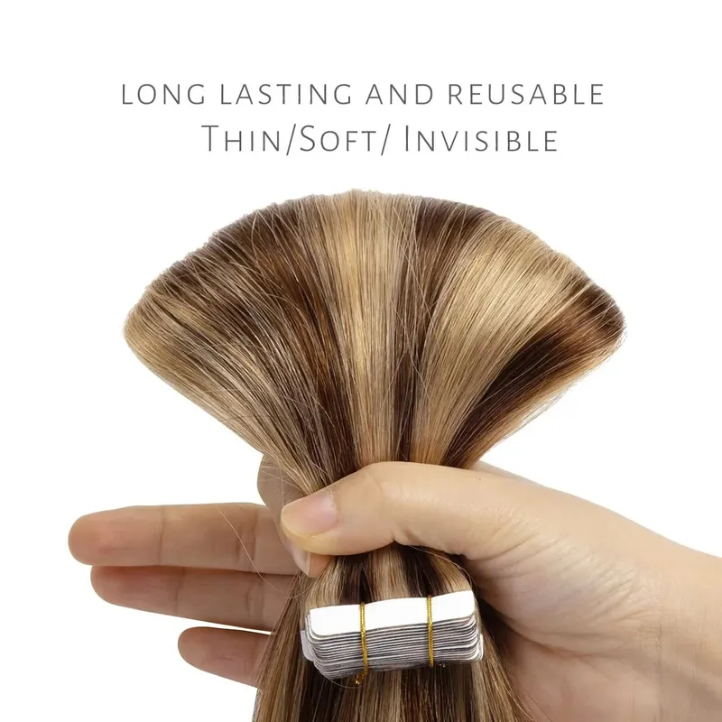 Tape In Hair Extensions Human Hair 50G 20Pcs #4/27 Highlight Color Tape Ins Straight Double Sided Skin Weft Remy Human Hair Tape — image 4