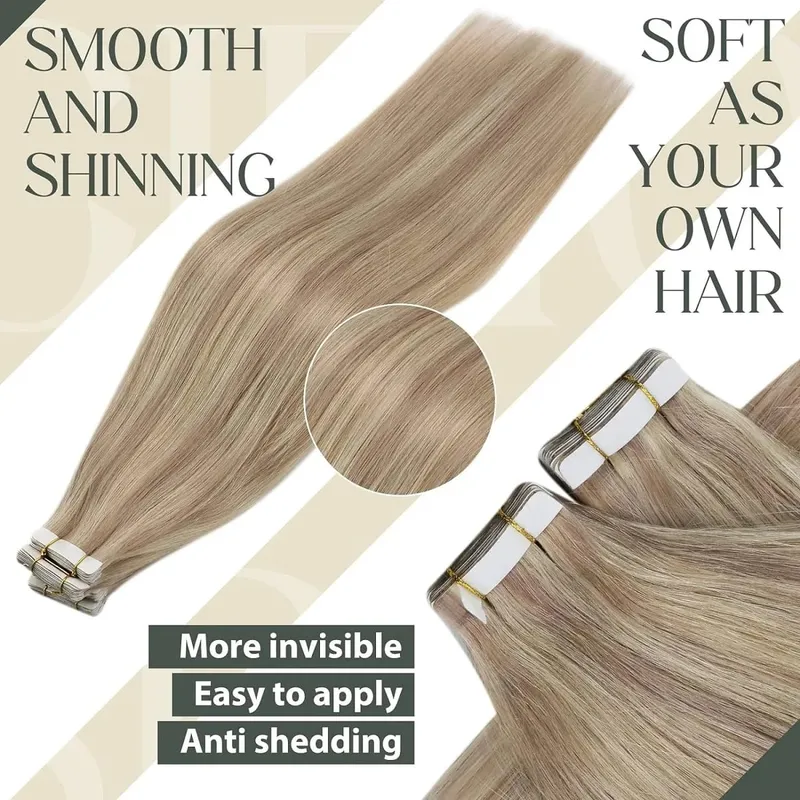 Invisible Tape in Hair Extensions Real Remy Hair Hair Extensions for Women Ash Blond mixed Platinum Blond Straight Hairpieces — image 5