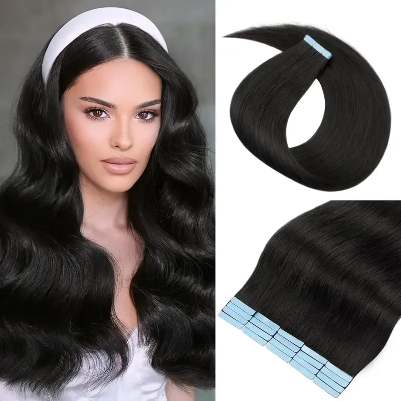 100% Human Hair Tape in Extensions 16 Inch Black 20pcs 50g Invisible Seamless Skin Weft Straight Human Hair Extensions — image 1
