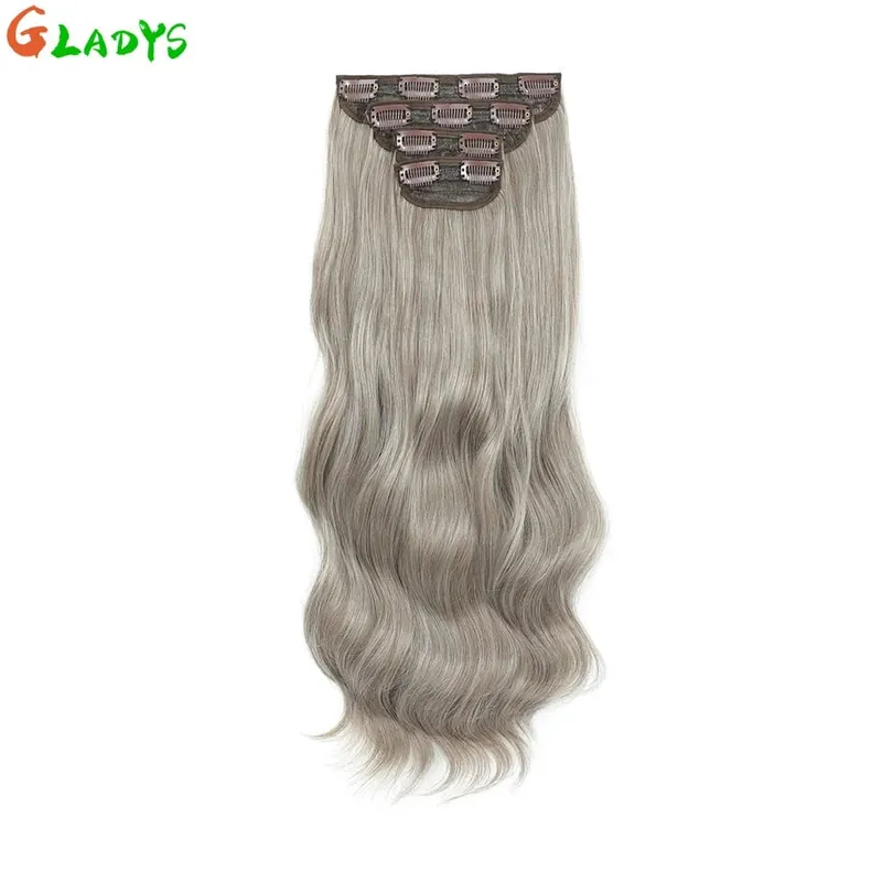 Gladys 220g/4Pcs 11 Clips Ins Ombre Grey Synthetic Hair Extensions 22 Inch Body Wave Ombre Brown Clip Ins Daily Use Hair Pieces