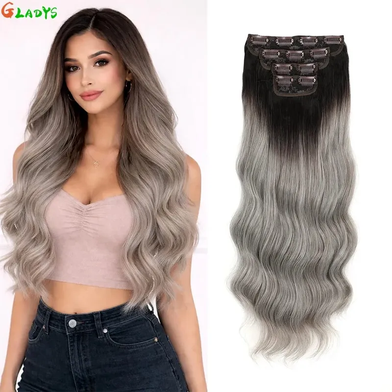 Gladys 220g/4Pcs 11 Clips Ins Ombre Grey Synthetic Hair Extensions 22 Inch Body Wave Ombre Brown Clip Ins Daily Use Hair Pieces