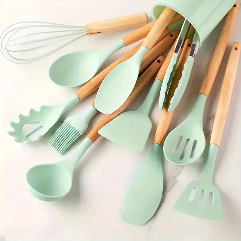 12PCS Silicone Kitchen Utensils Set with Holder - Nonstick Heat Resistant Wooden Handle Cooking Gadgets Set with Spatula Whisk Tongs & Spoon for Home Essentials — image 9