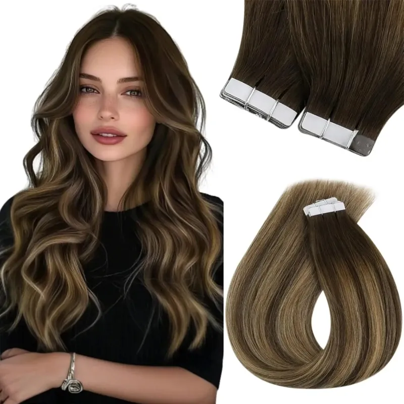 VeSunny Remy Tape In Hair Extensions 100% Brazilian human Natural Hair 12-24 inches 30&50G Balayage Color Seamless Tape Hair