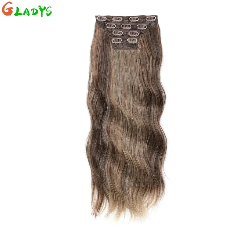 Gladys 220g/4Pcs 11 Clips Ins Ombre Grey Synthetic Hair Extensions 22 Inch Body Wave Ombre Brown Clip Ins Daily Use Hair Pieces