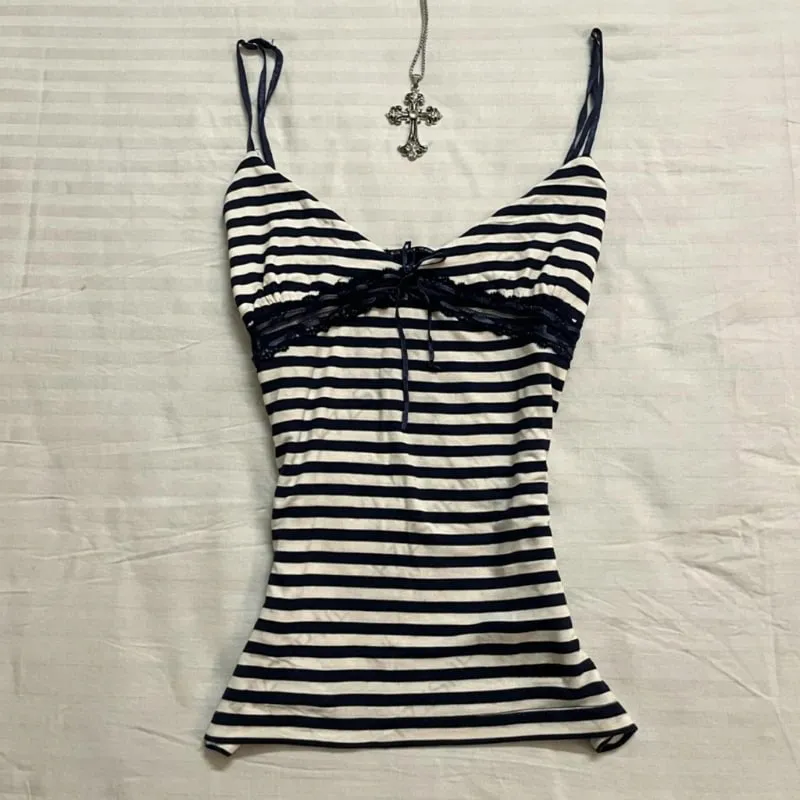 Y2k Emo Women Summer Streetwear Sexy Acubi V-neck Stripes Tank Tops Lace Trim Sleeveless Camisole Goth Grunge 2000s Alt Clothes