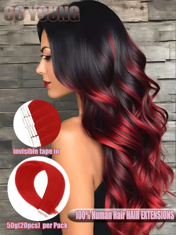 Red Human Hair Tape-In Hair Extensions Brighten Your Hair Color Add Hair Length&Volume or Cosplay Use Hair Extensions 50g 20Pcs — image 1